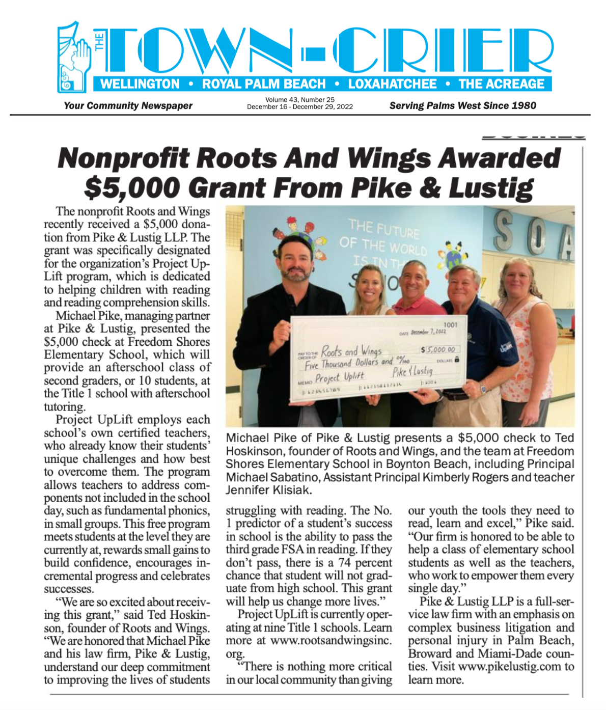 Nonprofit Roots and Wings Awarded $5000 grant