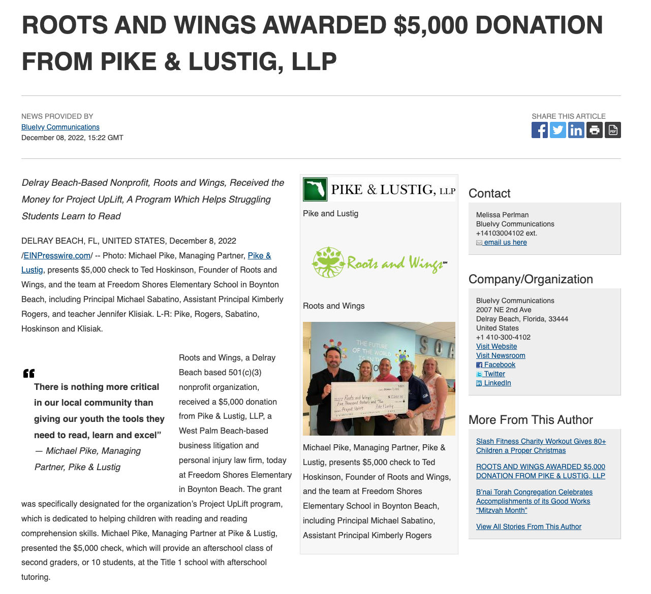 Roots and Wings Awarded $5,000 Donation From Pike & Lustig, LLP