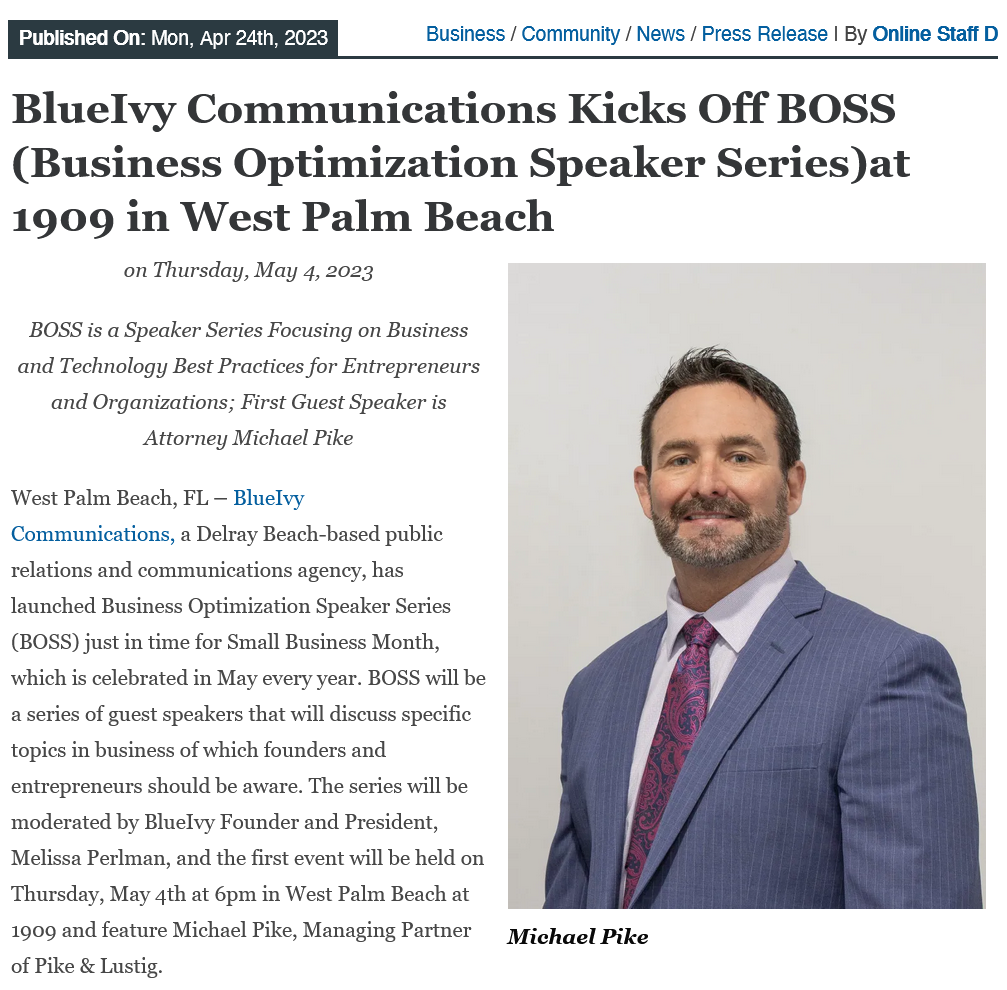 BlueIvy Communications Kicks Off BOSS (Business Optimization Speaker Series)at 1909 in West Palm Beach 