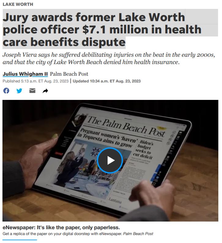 PB Post: Jury awards former Lake Worth police officer $7.1 million in health care benefits dispute